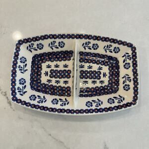Manufaktura Boleslawcu Chip Dip Polish Pottery Divided Dish Floral Blue Red
